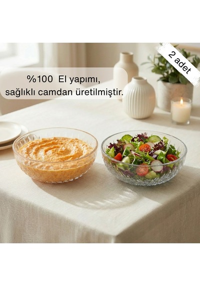 Selen Concept Mira Model El Yapımı Cam Salata ve Meyve Kasesi 2'li Set