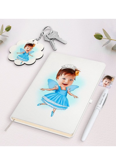 Kişiye Özel Kız Çocuk Balerin Karikatürlü Beyaz Defter Kalem Ve A
