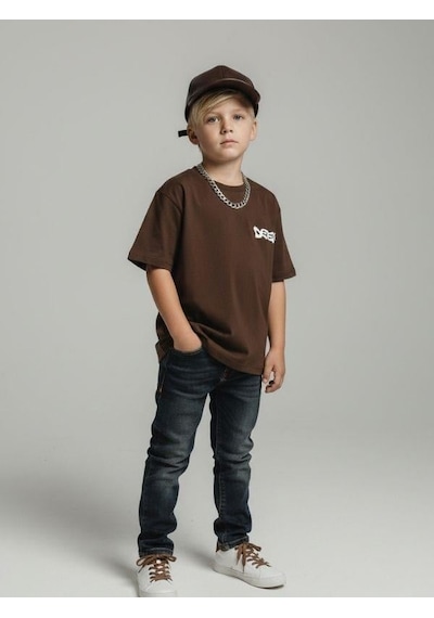 Zekids Erkek Çocuk Sırt Baskılı Tasarım T-shirt-16955 Kahverengi
