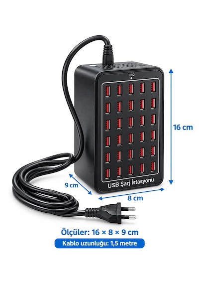 30 Portlu150w Usb Şarj İstasyonu Ev Ofis Toplantı Odası Akıllı Şarj 2.4a Soğutma Fanlı Isı Dağılımı Şarj Cihazı Şarj İstasyonu Çoklu