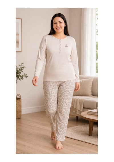 Flz Kadın Kışlık Viskon Pijama Takımı M L Xl Xxl Uzun Kollu Boydan Düğmeli Şık Ev Giyimı B89-100 SOMON