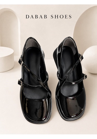 Dabab Shoes Marsel Kadın Siyah Rugan Çapraz Bantlı Tokalı 2 Cm Kalın Taban Mary Jane Ayakkabı