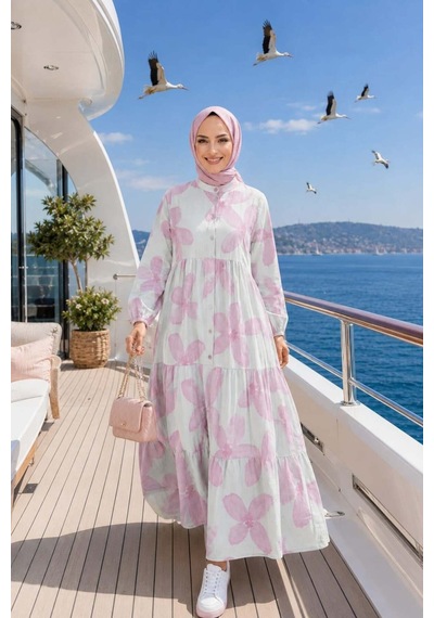 Hb Harma Time Butik Kadın Düğmeli Modal Desenl Pembe Elbise Ekru Ekru