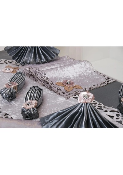 Afife Kadife Gümüş Füme Sofra Takımı 8 Kişilik 160x230 Cm 34 Prç. - 955 Çok Renkli