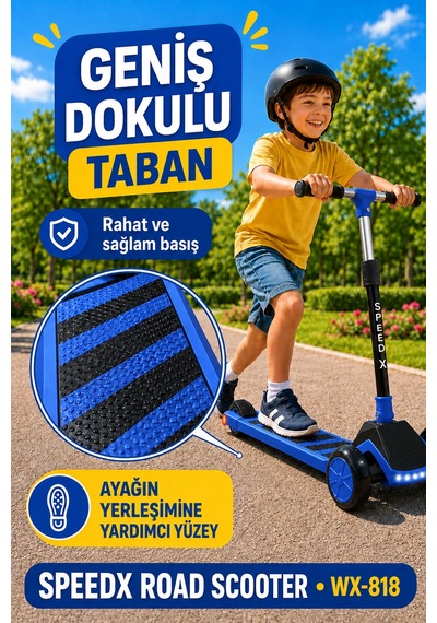 Mavi Işıklı Müzikli Speedx Road Scooter Wx-818 3 Tekerlekli Çocuk Scooterı Geniş Dokulu Taban