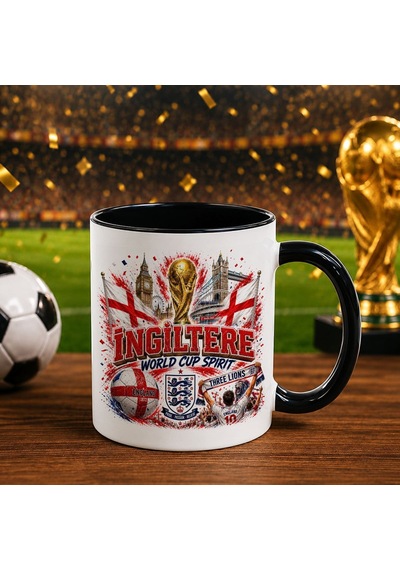 Bk Gift İngiltere Taraftar Temalı Dünya Futbol Kupası Tasarımlı Siyah Kupa Bardak Beyaz