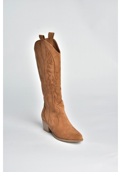 Fox Shoes V820356002 Taba Süet Kalın Topuklu Kadın Çizme Taba