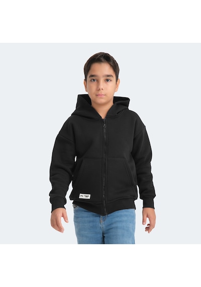Slazenger LEKAN Çocuk Fermuarlı Kapüşonlu Cepli Siyah Sweatshirt