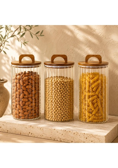 Tr 3200 Ml Zahire Kavanozu 3'lü Set, Ahşap Kapaklı Kulplu Cam Erzak Saklama Kabı, Büyük Boy Bakliyat Makarna Kahve Diğer