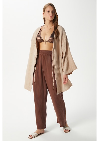 Ritnice Kadın Sandra %100 Pamuk Müslin Bağcıklı Bej Kimono Bej