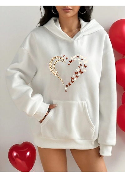 Uyguntarz Unisex Leopar Kalp Desenli Baskılı Oversize Sweatshirt beyaz