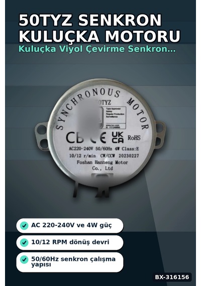 Kuluçka Motoru 50 Tyz 10/12 Rpm Yumurta Viyol Çevirme Makinesi Motor Parçası Bx-316156