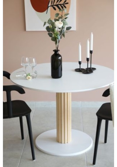 Naturalwood Ahşap Ayaklı Yuvarlak Yemek Masası, Modern Mat Beyaz Mdf Yemek Ma