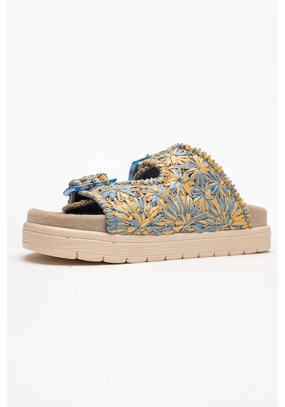 Luvishoes Luvi Shoes Mılana Mavi Desenli Hakiki Deri Tokalı Çift Bantlı Kadın Terlik Mavi