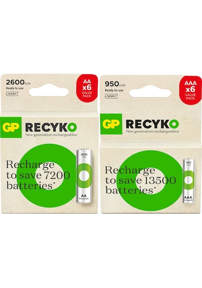 GP Batteries ReCyko 2600mAh AA Kalem 6’lı Kart + GP Batteries ReCyko 950mAh AAA İnce 6’lı Kart