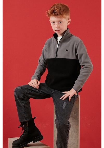 Lela Yumuşak Dokulu Yarım Fermuarlı Renk Bloklu Dik Yaka Unisex Çocuk Polar 5905004 Gri-Siyah