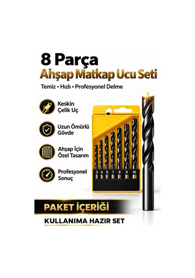8 Parça Ahşap Matkap Ucu Seti 3-10 Mm Delme Uçları