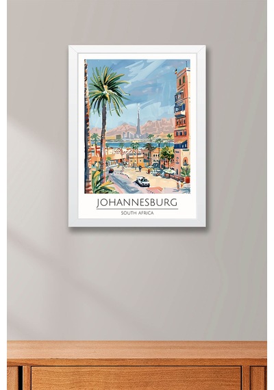 Güney Afrika Johannesburg Temalı Çerçeveli Tablo Travel Serisi Modern İllüstrasyon Duvar Dekoru Beyaz