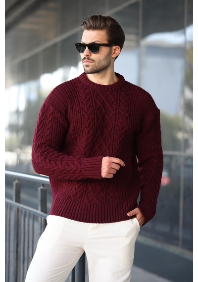 Madmext Bordo Örgü Desenli Triko Erkek Kazak E7425 Bordo