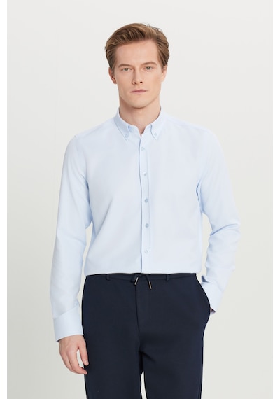 Altınyıldız Classıcs Erkek Acık Mavı Pamuklu Tailored Slim Fit Dar Kesim Düğmeli Yaka Armürlü Gömlek