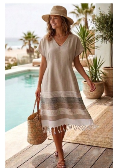 Trendol Fashıon Lıfe Deniz /plaj Elbisesi / Açık Kahve / Kimono /peştemal Krem