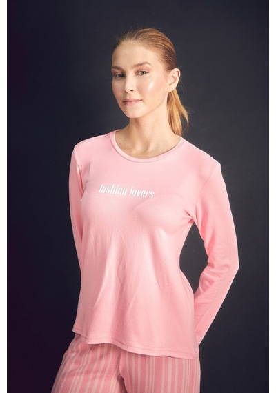 Fullamoda Yazı Baskılı Bisiklet Yaka 2 Li Pijama Takımı 24mıcg631216541-pembe Pembe
