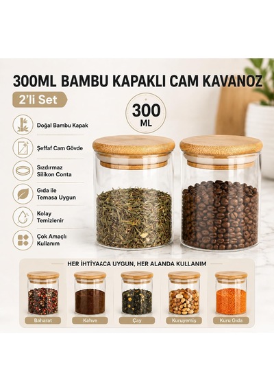 2'li 300 Ml Bambu Kapaklı Cam Kavanoz Seti, Silikon Contalı Şeffaf Baharatlık Ve Saklama Kabı, Çay Kahve Şeker Baharat Kuruyemiş Kavanozu Çok Renkli