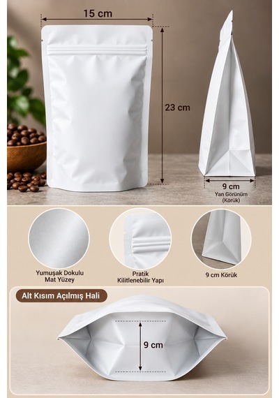 Mat Beyaz Doypack Ambalaj Poşeti 15x23 Cm 100 Adet