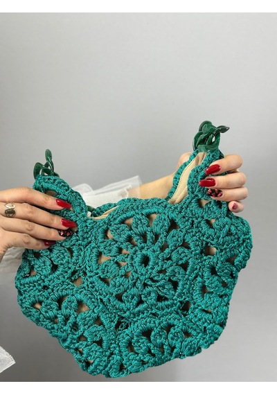 El Örgüsü Çiçekli Kadın El Çantası 30x27 Cm Yeşil