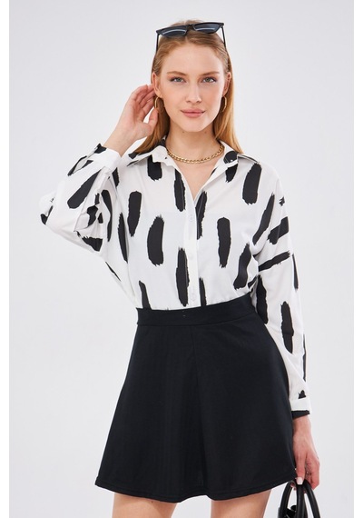 Armonika Kadın Siyah Fırça Desen Oversize Uzun Basic Gömlek Arm-22y001141