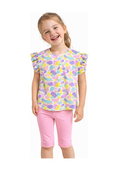 Haribo Lisanslı Fırfırlı Kollu Desenli T-shirt Tayt Takım Pembe