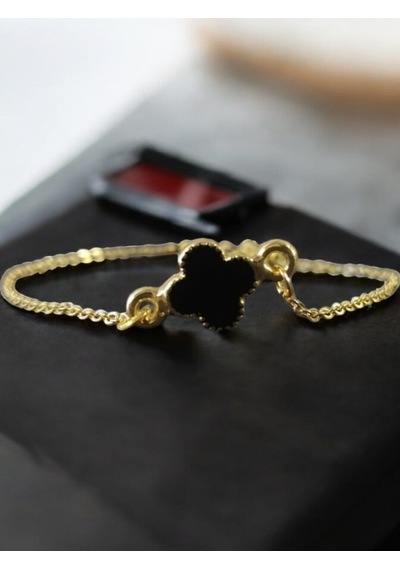 Gold Renk Minimal Siyah Yonca Bileklik Gold