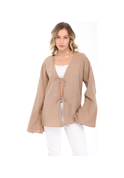 Blayn Jeans Blayn Kadın Keten Kimono Oversize Rahat Kalıp Yazlık Uzun Kollu Kimono Vizon
