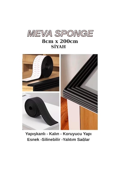 8cmx200cm 1 Adet Yapışkanlı Meva Siyah Lambiri Model Çıta Süpürgelik Tablo Tavan Koruyucu Kenar Çıta Siyah