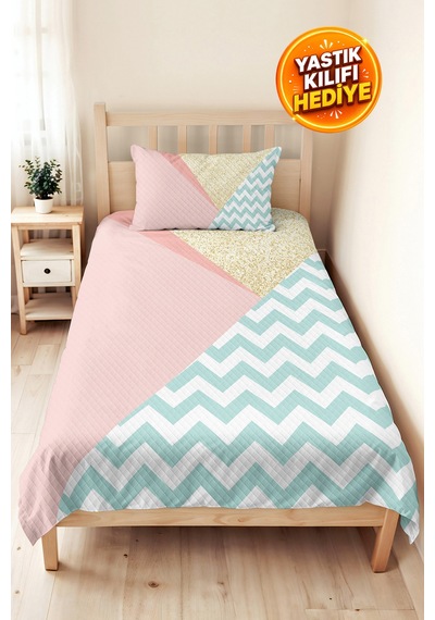 Pastel Geometrik Pembe Genç Kız Odası Tek Kişilik Pike Takımı - Zigzag Mint 160x220 Cm Yatak Örtüsü Gri