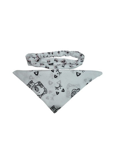 Kedi Desenli Kare Ve Lastikli Paraşüt Bandana Seti 2 Li Beyaz