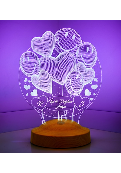Kişiye Özel Doğum Günü 3D Smiley Kalpler Led Lamba