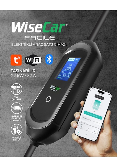 Wisecar Facile 22 Kw 32a Mobil Uygulamalı Taşınabilir Elektrikli Araç Şarj Cihazı Tuya Smart Wifi + Bluetooth 11-22kw