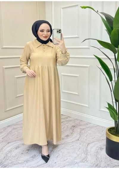 Lovie Moda Kadın Polo Yaka Elbise Bej