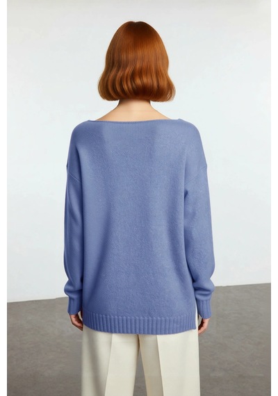 Ersefa Kadın Basic Kayık Yaka Oversize Triko Kazak Rahat Ve Şık İlkbahar Indigo
