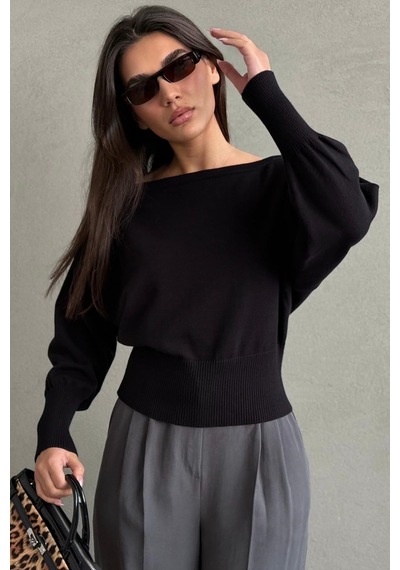 Madmext Siyah Ribbed Asimetrik Kesimli Kadın Kazak Mg2744