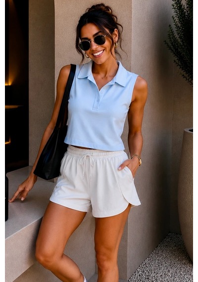 Bbbutikbasic Polo Yaka Kolsuz Crop Bluz My3535 Mavi