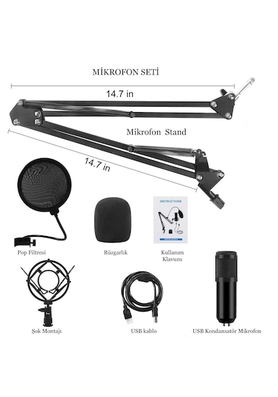 Profesyonel Kondansatör Mikrofon Seti Ayarlanabilir Stand Usb Pc Bağlantılı Youtube Karaoke Podcast