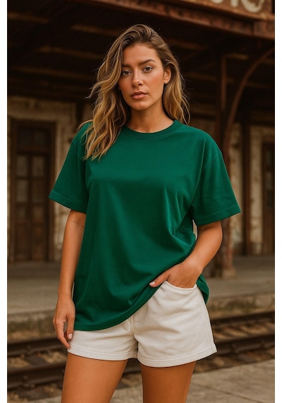 Kadın Yeşil %100 Pamuk Oversize Basic Tişört Rahat Kalıp Relaxed Bisiklet Yaka T-shirt Çok Renkli