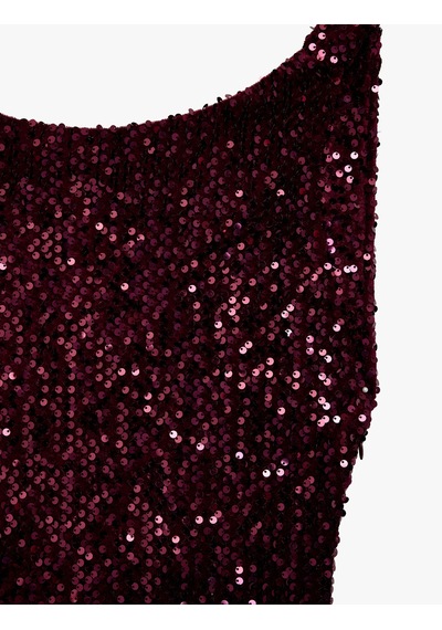 Koton Payetli Slim Fit Bisiklet Yaka Kolsuz Sırt Detaylı Mini Abiye Elbise Bordo 7wak80096fk