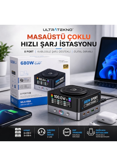 Ultratekno Wlx-r8a 680w Gan 8 Port Pd 3.1 Hızlı Şarj İstasyonu Kablosuz Şarj Destekli Usb Type-c Laptop Telefon Tablet Şarj Cihazı Siyah-Gri