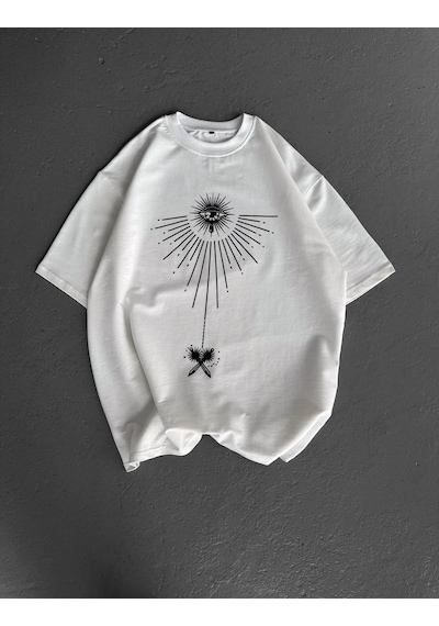 Barlashive Erkek Kısa Kol Tişört Bisiklet Yaka Gül Baskılı Oversize T-shirt - Beyaz Çok Renkli