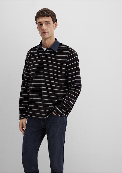 Mavi - Polo Yaka Çizgili Kadife Sweatshirt 0s10470-89103 Kahverengi