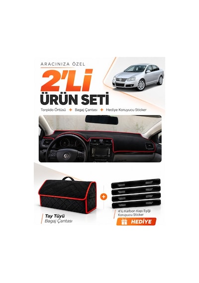 Volkswagen Jetta 2007-2011 Uyumlu Torpido Örtüsü + Tay Tüyü Çanta + Sticker - Siyah Kırmızı