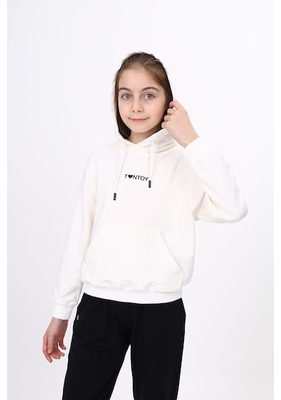 Toontoy Kız Çocuk Oversize Kapüşonlu Cepli Düşük Omuz Baskılı Sweatshirt - 2 İplik Ekru